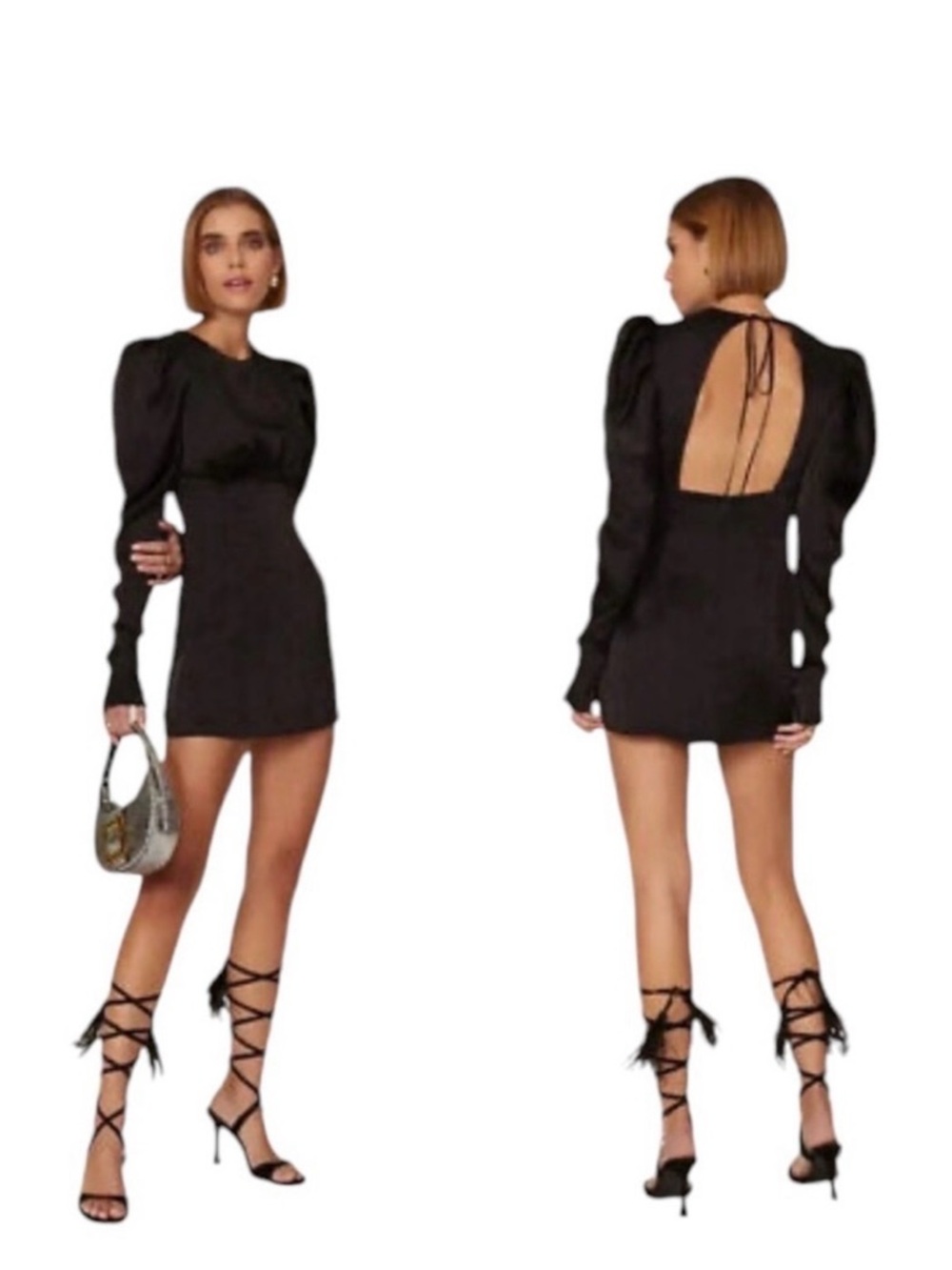 Open-Back Black Puff-Sleeve Mini Dress